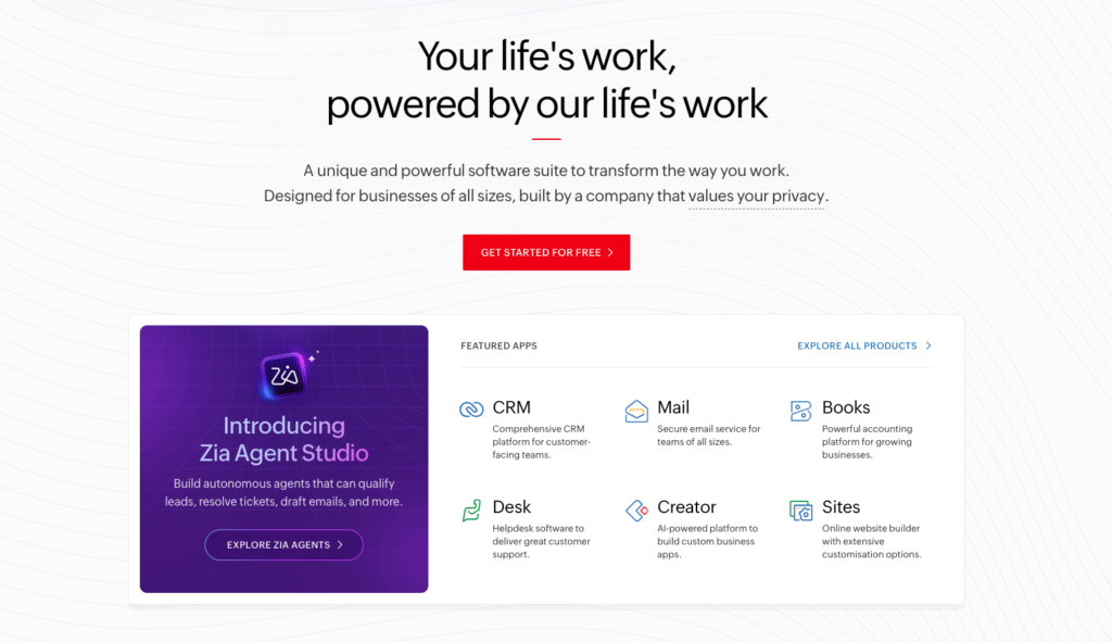 Zoho Analytics landing page