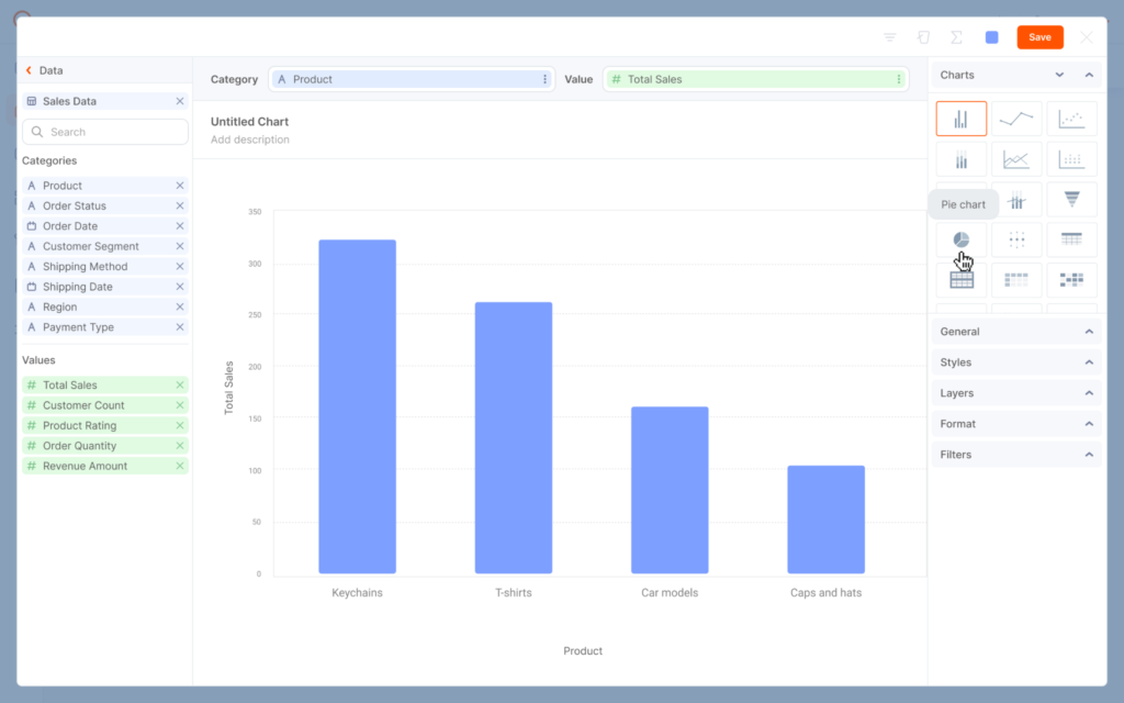 Qrvey chart builder showing total sales by product as a bar chart