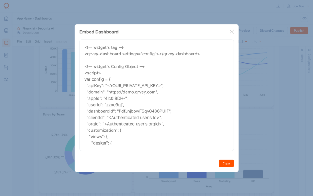 Qrvey embed dashboard dialog